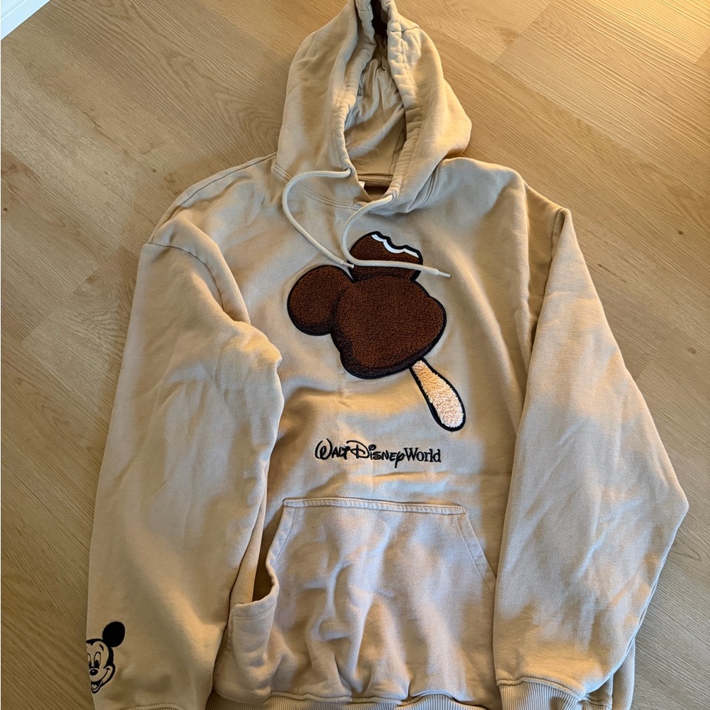 Disney Men's Beige Hoodie with Brown Mickey Ice Cream Graphic